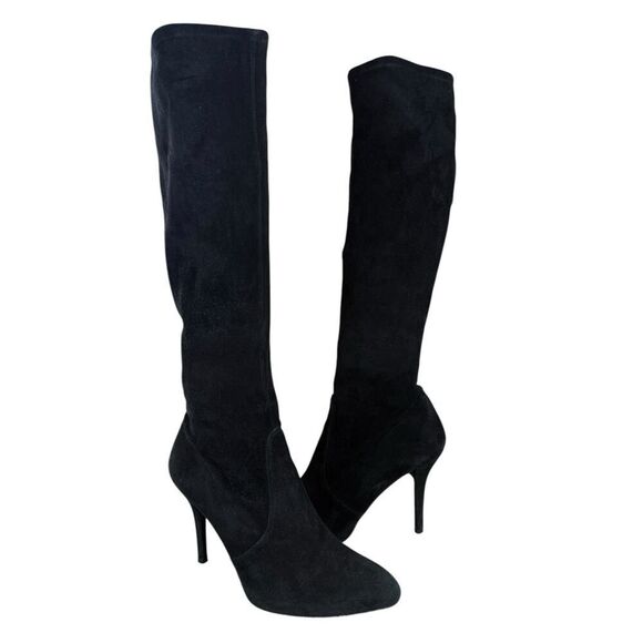Stuart Weitzman Black Suede Knee-High Stretch Boots Size 8M Pointed Toe Stiletto - Picture 1 of 11